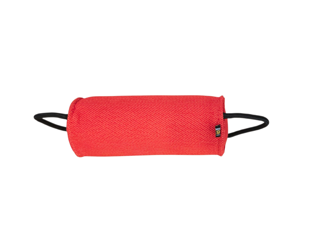 Red Bite Roll dog toy with black handles 