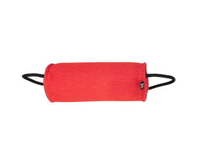 Red Bite Roll dog toy with black handles 
