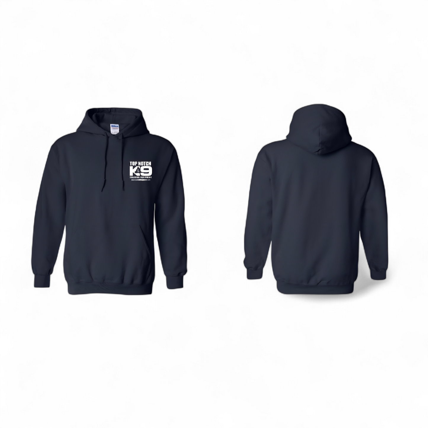 Navy blue hoodie with a logo on the chest, shown from front and back on a white background.