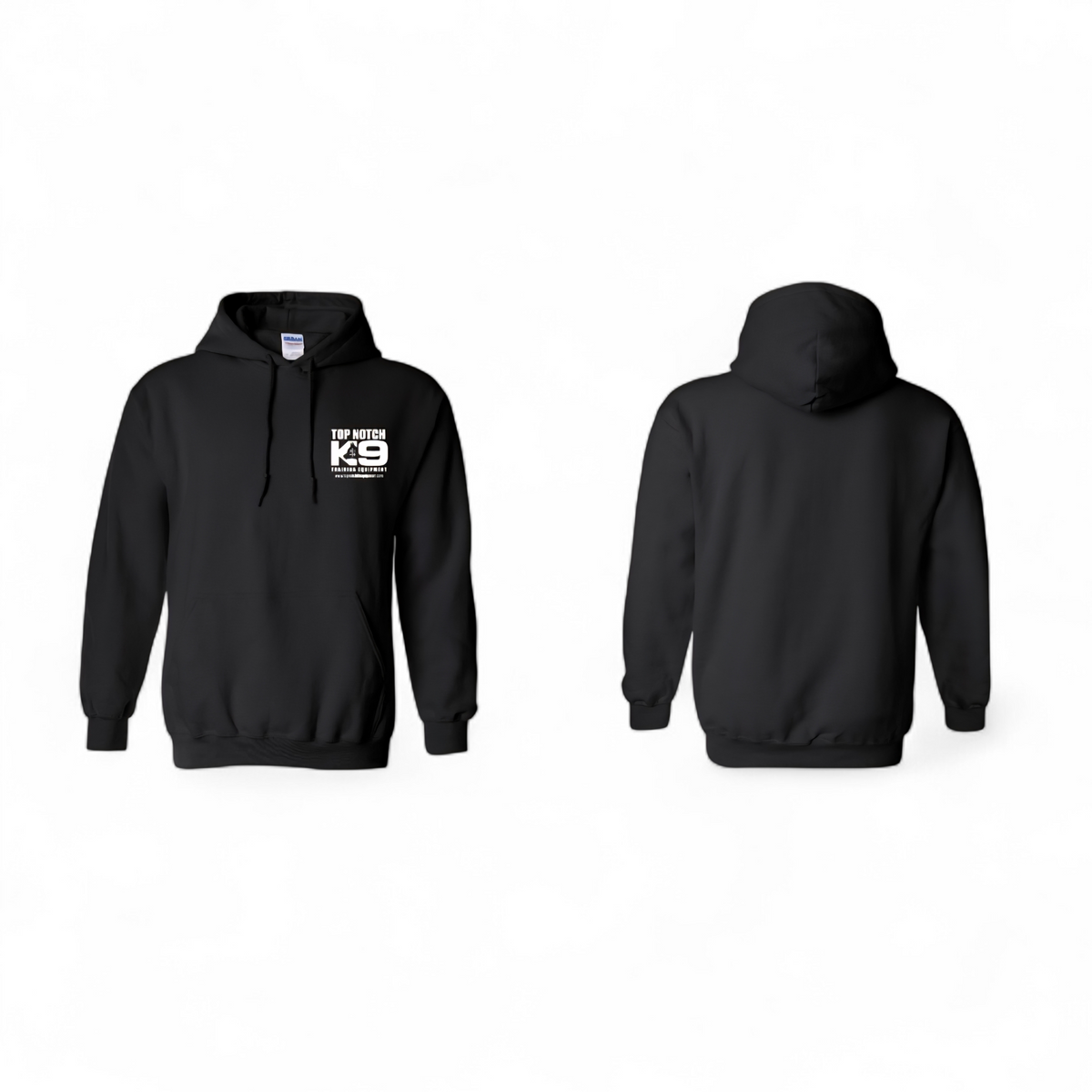 Black hoodie with a logo on the chest, shown from front and back views.