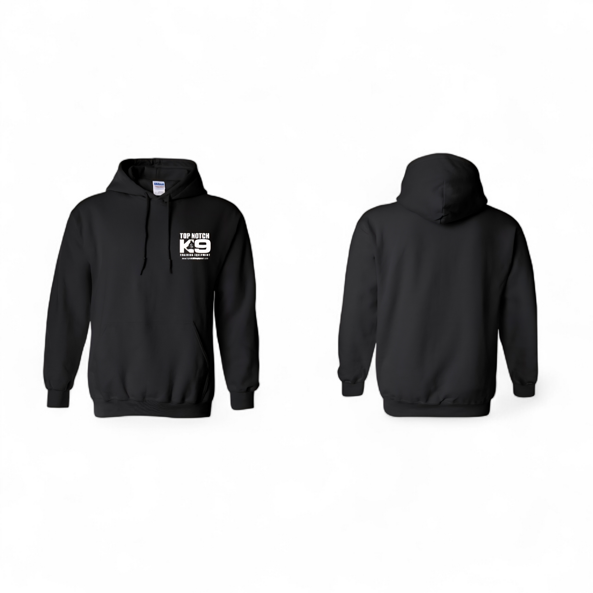 Black hoodie with a logo on the chest, shown from front and back views.