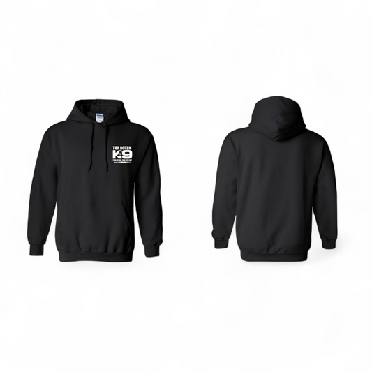Black hoodie with a logo on the chest, shown from front and back views.