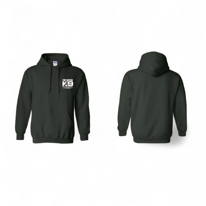 Green hoodie with a logo on the front, shown from front and back views on a white background.